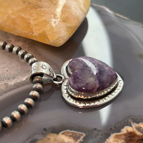 Sterling Silver Southwestern Style Charoite Decorated Heart Pendant For Women #1 - Picture 3 of 10